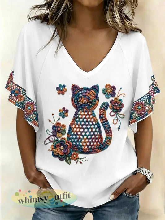 Dames T-shirt met kattenmotief en korte mouwen - als foto / S