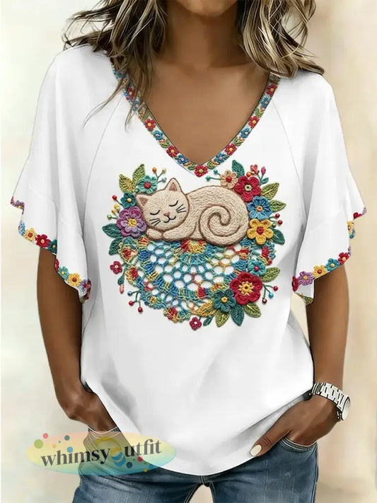 Dames T-shirt met kattenmotief en korte mouwen - als foto / S