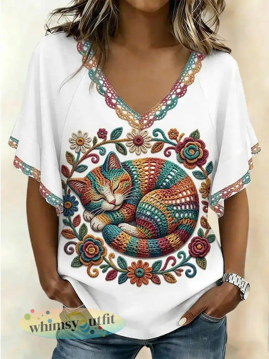 Dames T-shirt met kattenmotief en korte mouwen - als foto / S