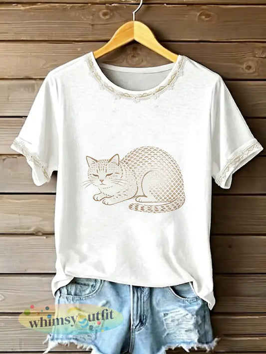 Dames T-shirt met kattenmotief en korte mouwen - Wit / S
