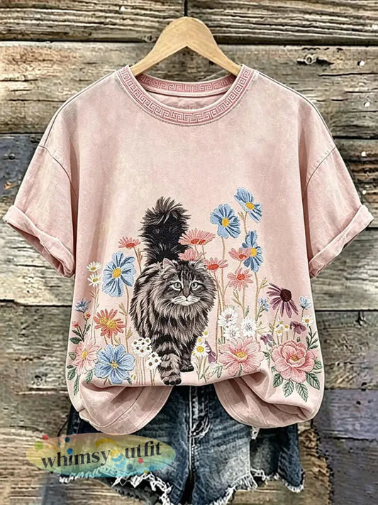 Dames T-shirt met kattenprint casual - Roze / S