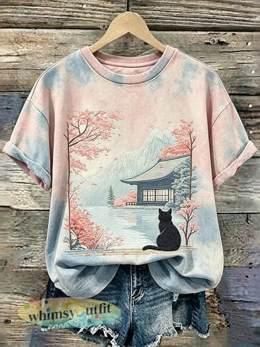 Dames T-shirt met kattenprint casual - Roze / S
