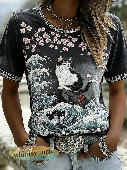 Dames T-shirt met kattenprint casual - Zwart / S