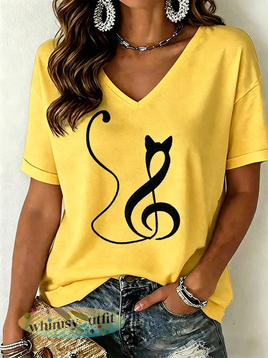 Dames T-shirt met kattenprint en V-hals - Geel / S