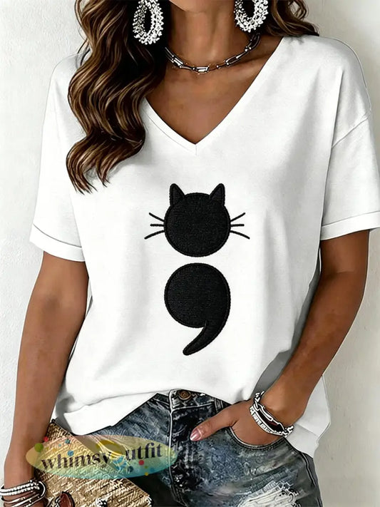 Dames T-shirt met kattenprint en V-hals - Wit / S