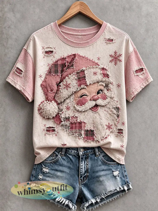 Dames T-shirt met kerstmansmotief in vintage roze - Roze / S