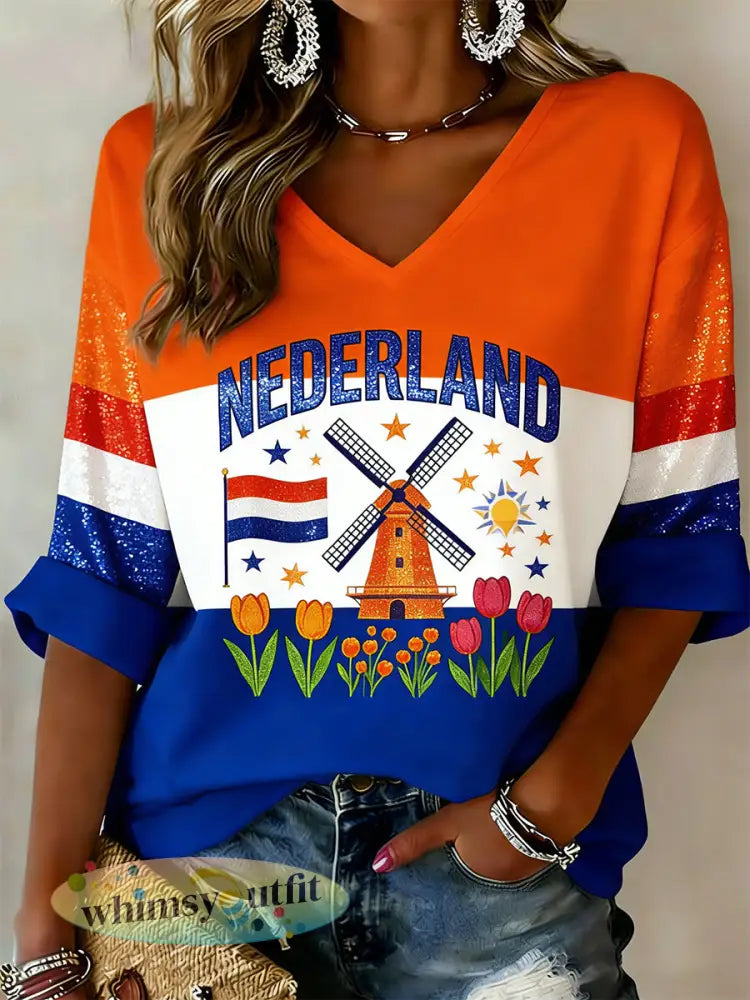 Dames T-shirt met koningsdagprint en V-hals - A / S