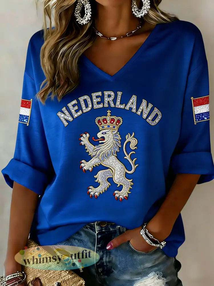 Dames T-shirt met koningsdagprint en V-hals - A / S