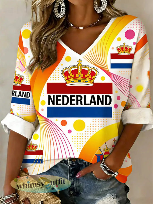 Dames T-shirt met koningsdagprint en V-hals - A / S