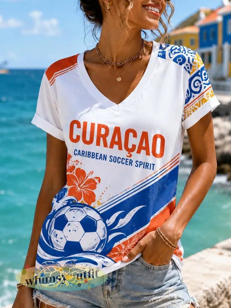 Dames-T-shirt met korte mouwen en een eilandthema-voetbalprint - A / S