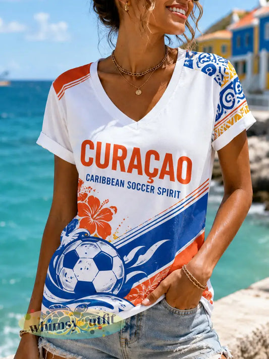 Dames-T-shirt met korte mouwen en een eilandthema-voetbalprint - A / S