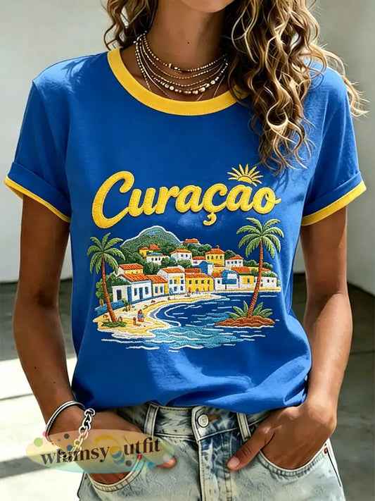 Dames-T-shirt met korte mouwen en print in vakantiestijl voor op een eiland - A / S