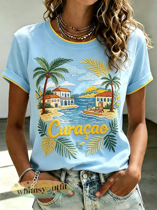 Dames-T-shirt met korte mouwen en print in vakantiestijl voor op een eiland - A / S