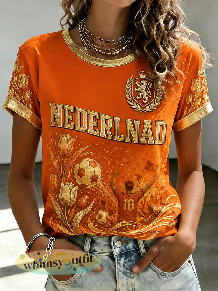 Dames-T-shirt met korte mouwen en print van een leeuw en een voetbal - A / S