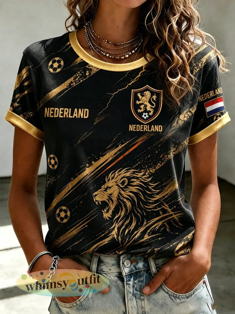 Dames-T-shirt met korte mouwen en print van een leeuw en een voetbal - A / S