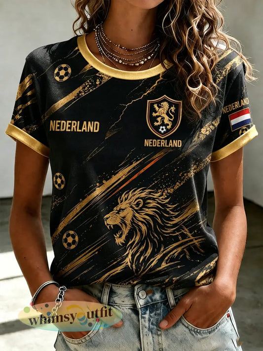 Dames-T-shirt met korte mouwen en print van een leeuw en een voetbal - A / S