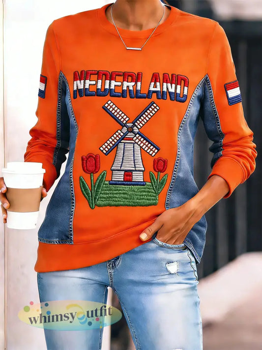 Dames T-shirt met lange mouwen en Koningsdag-print - A / S