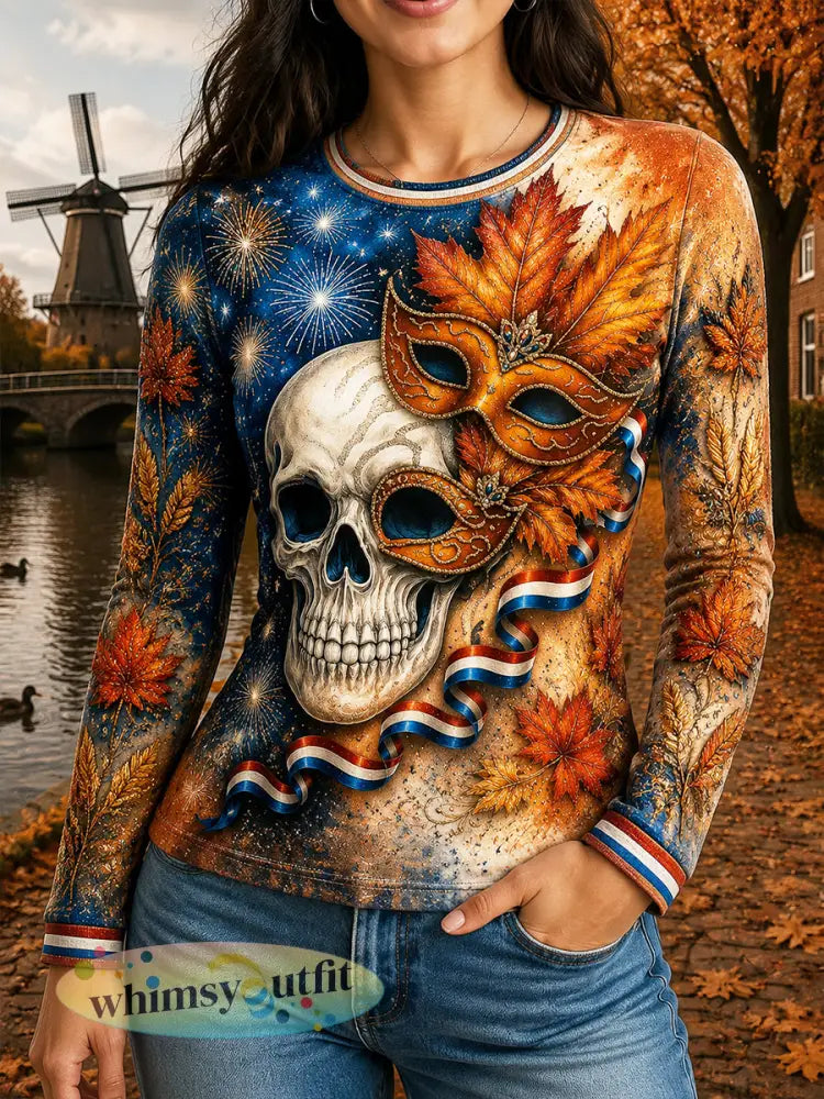 Dames-T-shirt met lange mouwen en Nederlandse halloween-printskeletten - Veelkleurig / S