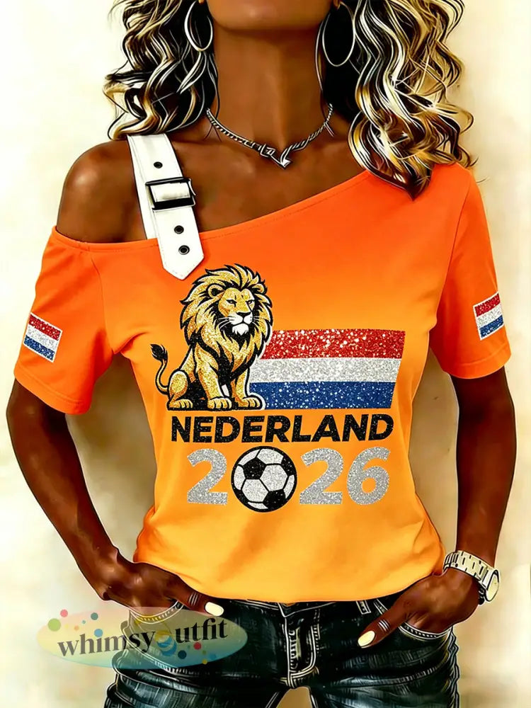 Dames T-shirt met leeuw- en voetbalthema spaghettibandjes - A / S