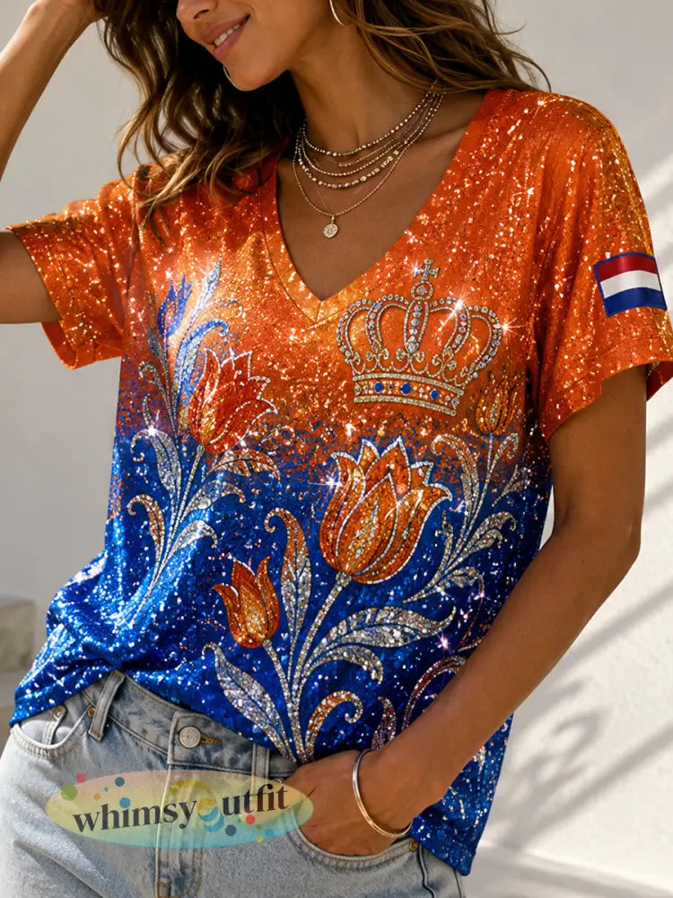 Dames T-shirt met lovertjes en bloemenprint V-hals en korte mouwen - A / S