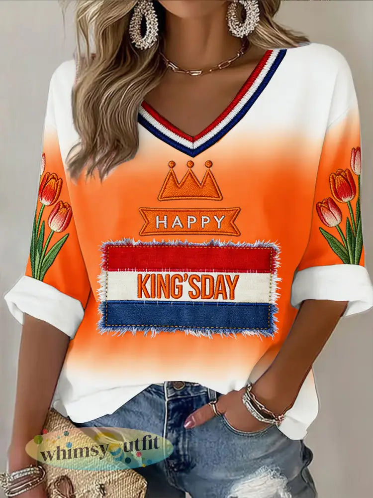 Dames T-shirt met Nederlandse vlagverloop Koningsdag-print casual V-hals - Sinaasappel / S
