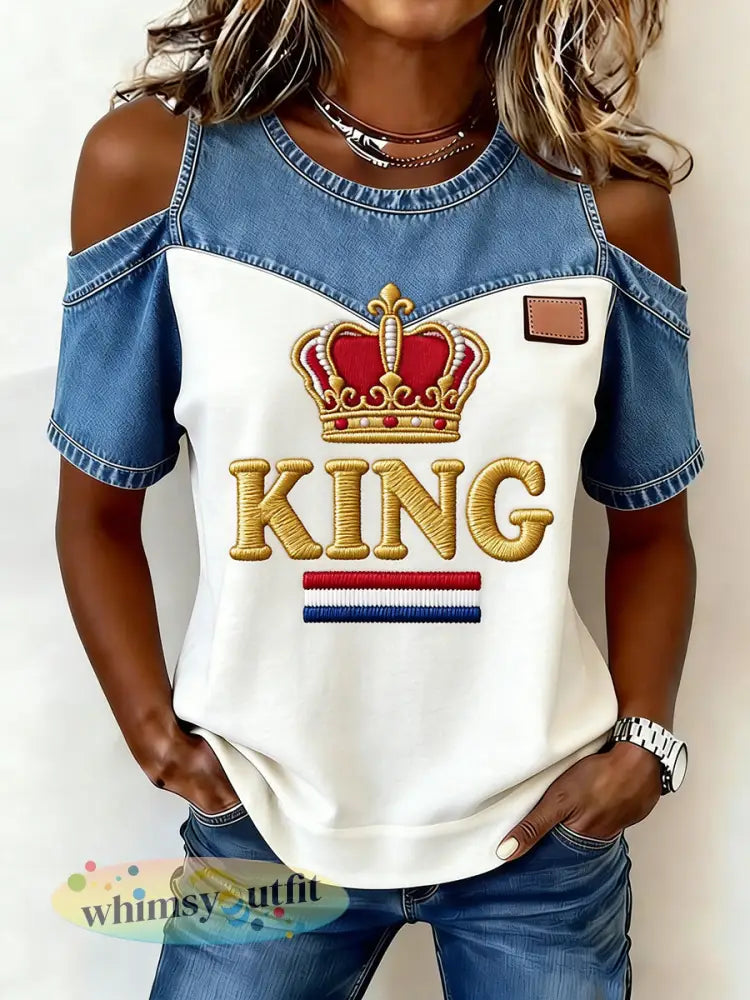 Dames T-shirt met off-shoulder en Koningsdag-print - A / S