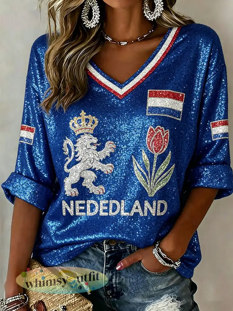 Dames T-shirt met paillettenprint en V-hals geïnspireerd op Koningsdag - A / S