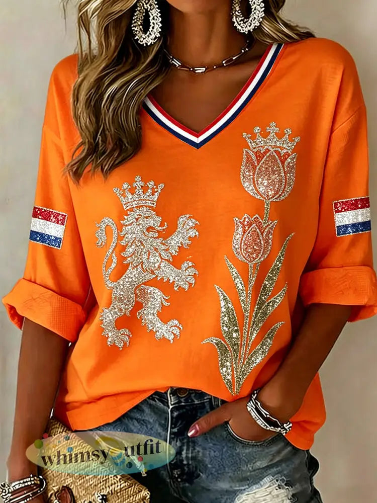 Dames T-shirt met paillettenprint en V-hals geïnspireerd op Koningsdag - A / S