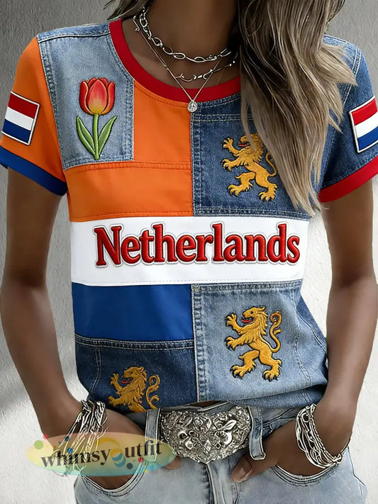 Dames T-shirt met patchwork en kunstprint ter herinnering aan Koningsdag in Nederland - A / S