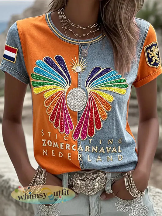Dames T-shirt met patchworkprint voor het Zomercarnaval van Rotterdam in informele stijl - Sinaasappel / S