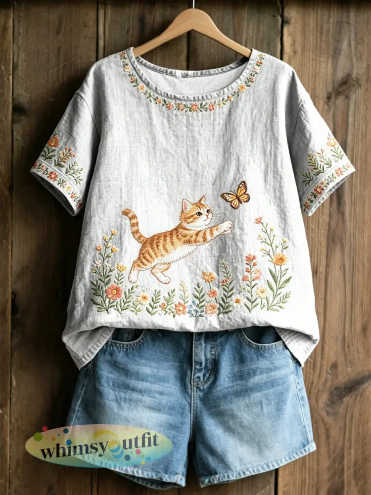 Dames T-shirt met planten en bloemen en schattige katprint casual - Wit / S