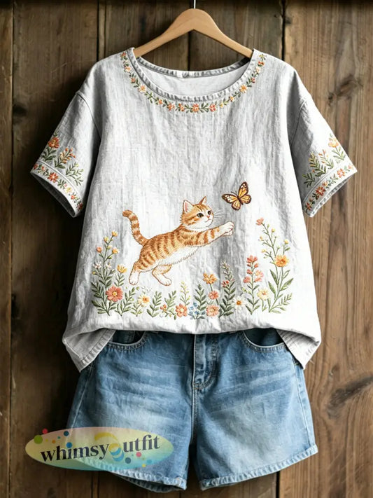 Dames T-shirt met planten en bloemen en schattige katprint casual - Wit / S