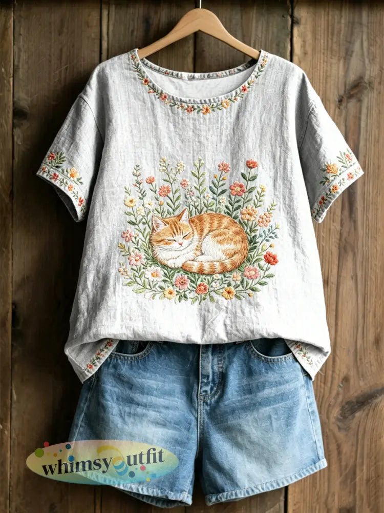 Dames T-shirt met planten en bloemen en schattige katprint casual - Wit / S