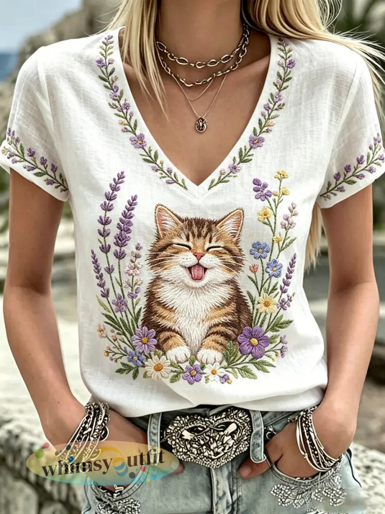 Dames T-shirt met planten en bloemen schattige katprint V-hals casual - Wit / S