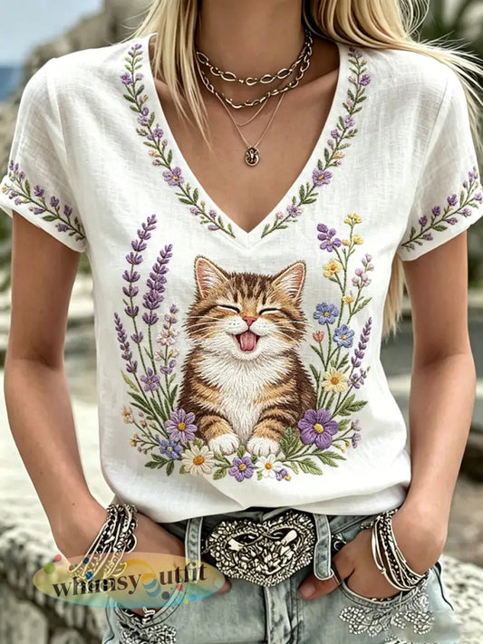 Dames T-shirt met planten en bloemen schattige katprint V-hals casual - Wit / S