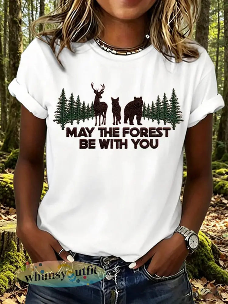 Dames T-shirt met print: May The Forest Be With You - Wit / S