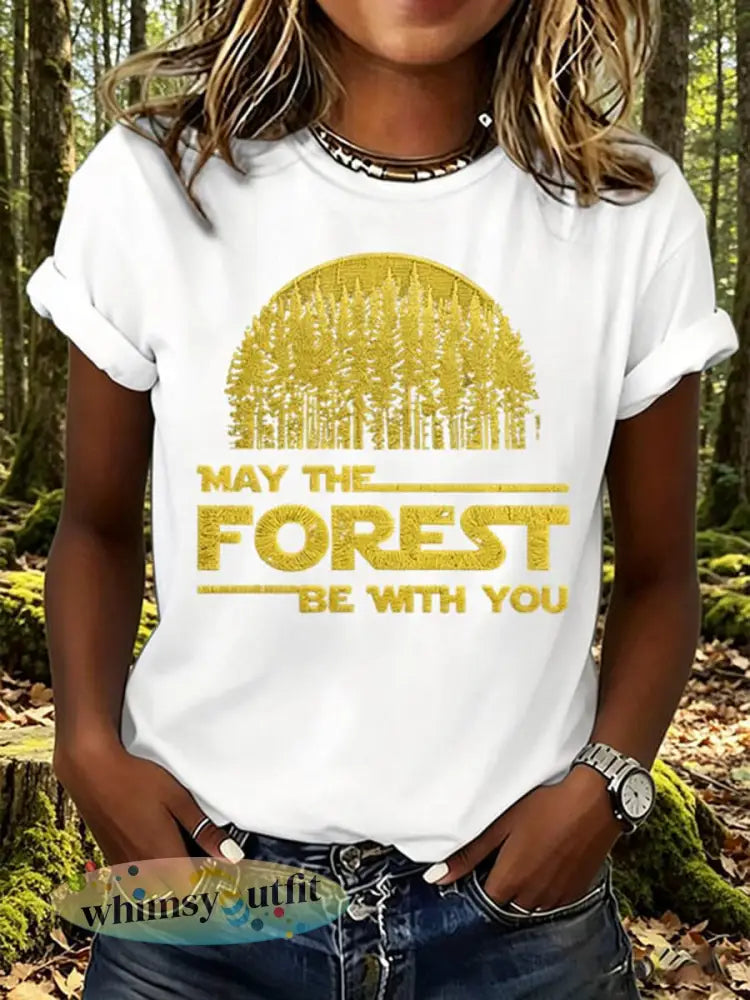 Dames T-shirt met print: May The Forest Be With You - Wit / S