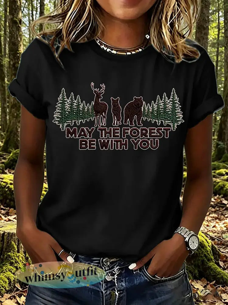 Dames T-shirt met print: May The Forest Be With You - Zwart / S