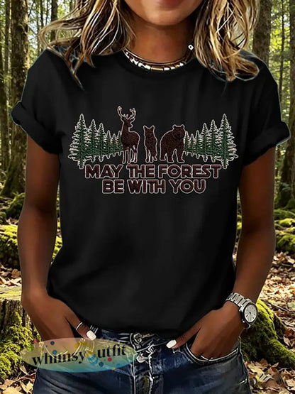 Dames T-shirt met print: May The Forest Be With You - Zwart / S