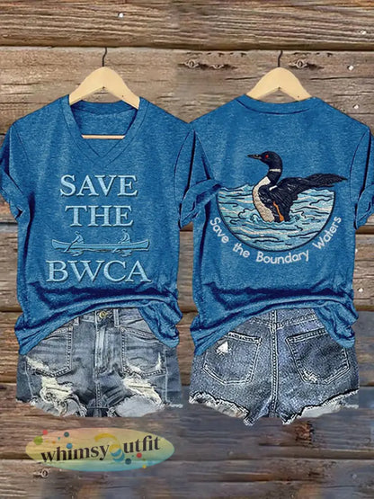 Dames T-shirt met print ’Save The Boundary Waters’ - Blauw / S