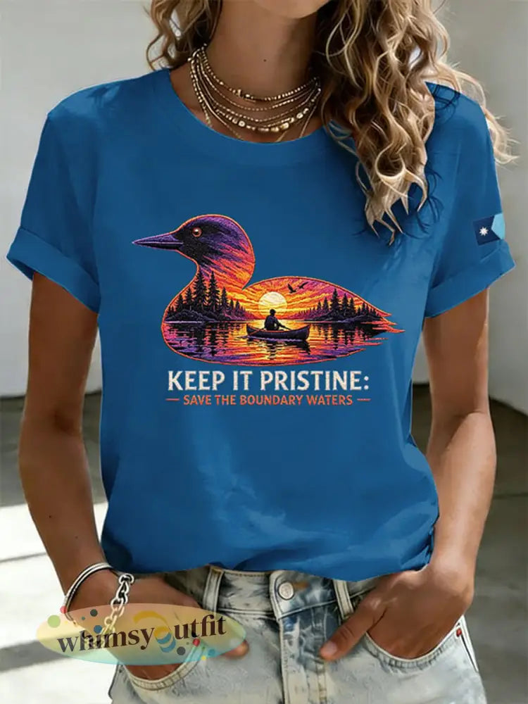 Dames T-shirt met print ’Save The Boundary Waters’ - Blauw / S