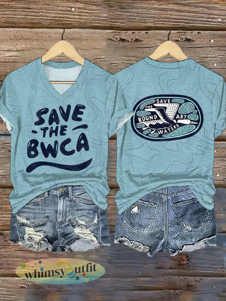 Dames T-shirt met print ’Save The Boundary Waters’ - Blauw / S