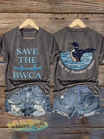 Dames T-shirt met print ’Save The Boundary Waters’ - Donkergrijs / S