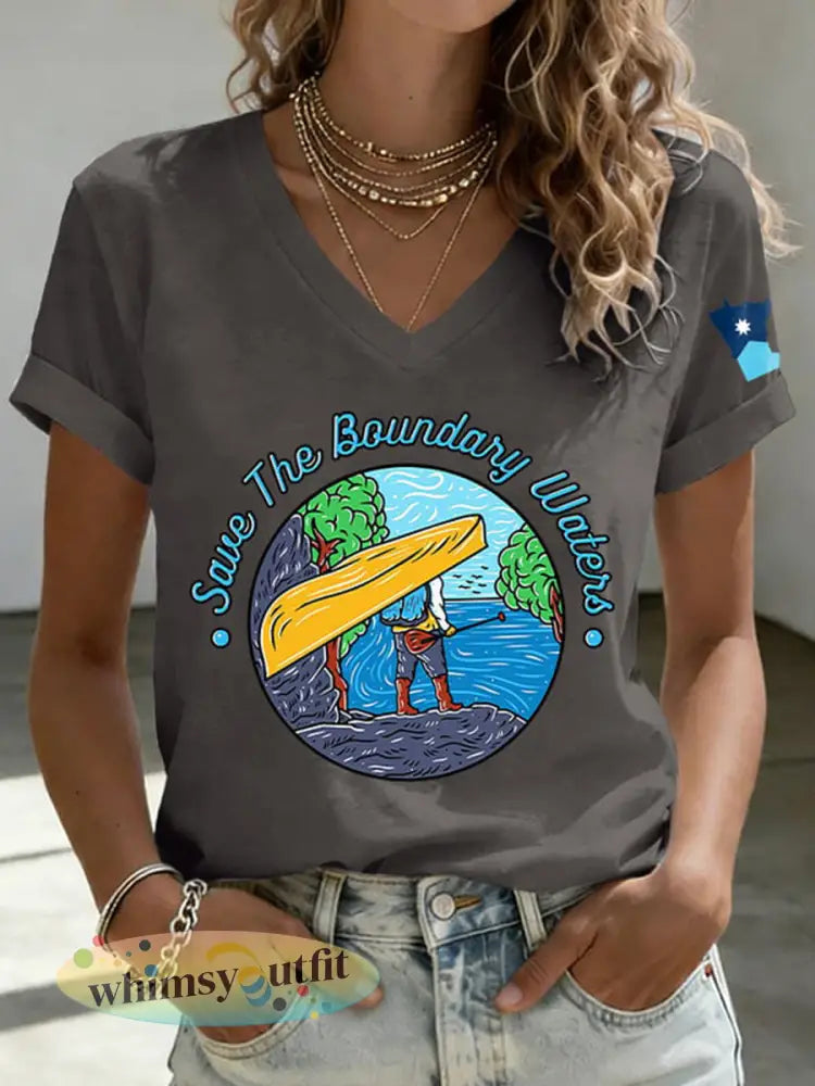 Dames T-shirt met print ’Save The Boundary Waters’ - Donkergrijs / S