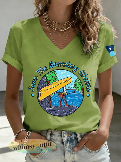 Dames T-shirt met print ’Save The Boundary Waters’ - Groen / S