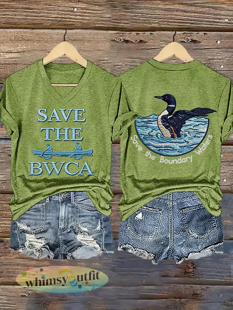 Dames T-shirt met print ’Save The Boundary Waters’ - Groen / S