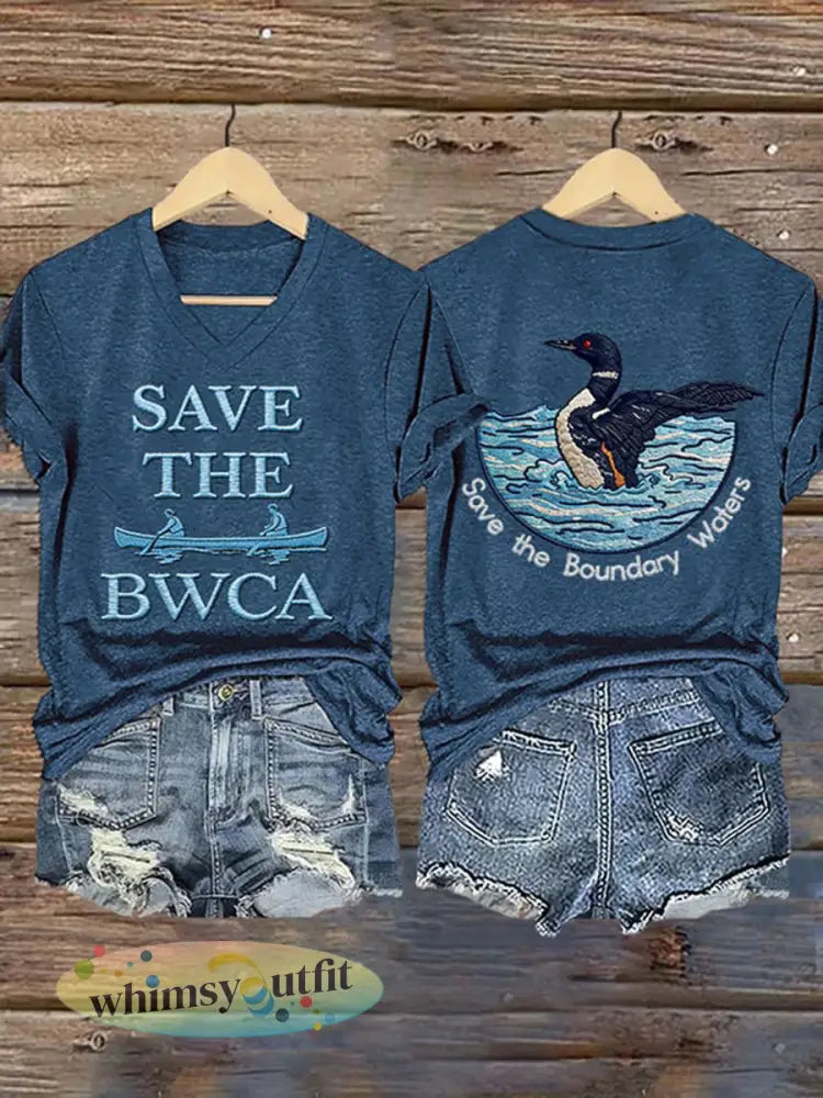 Dames T-shirt met print ’Save The Boundary Waters’ - Marineblauw / S