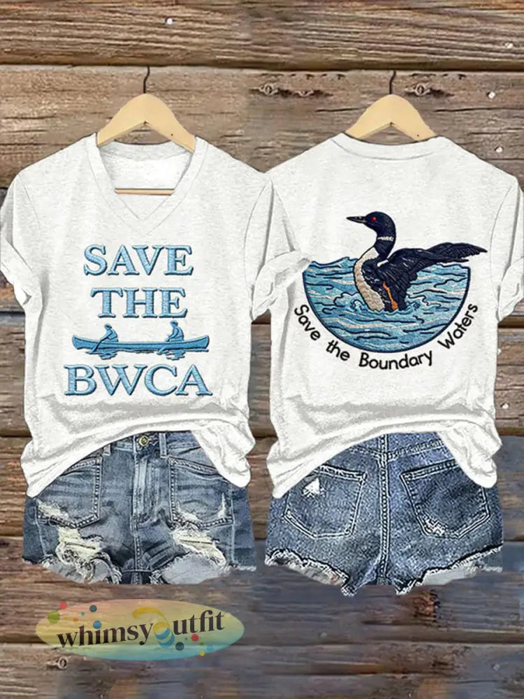 Dames T-shirt met print ’Save The Boundary Waters’ - Wit / S