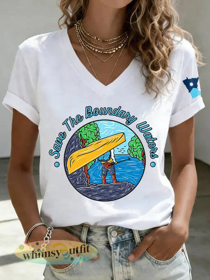 Dames T-shirt met print ’Save The Boundary Waters’ - Wit / S