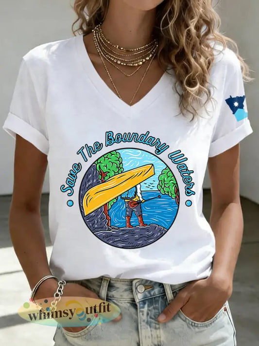 Dames T-shirt met print ’Save The Boundary Waters’ - Wit / S
